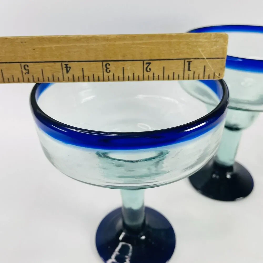 2 LG Hand Blown Margarita Glasses Clear w/ Cobalt Blue Rim & Base Cocktail Glass